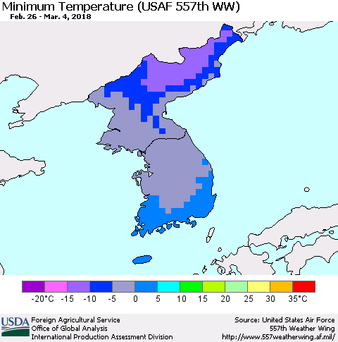 Korea Mean Minimum Temperature (USAF 557th WW) Thematic Map For 2/26/2018 - 3/4/2018