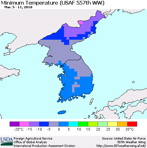 Korea Mean Minimum Temperature (USAF 557th WW) Thematic Map For 3/5/2018 - 3/11/2018