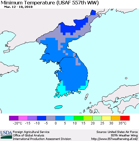 Korea Mean Minimum Temperature (USAF 557th WW) Thematic Map For 3/12/2018 - 3/18/2018