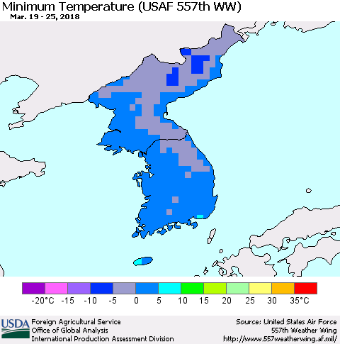 Korea Mean Minimum Temperature (USAF 557th WW) Thematic Map For 3/19/2018 - 3/25/2018
