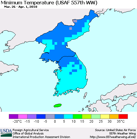 Korea Mean Minimum Temperature (USAF 557th WW) Thematic Map For 3/26/2018 - 4/1/2018