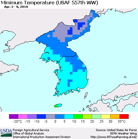 Korea Mean Minimum Temperature (USAF 557th WW) Thematic Map For 4/2/2018 - 4/8/2018