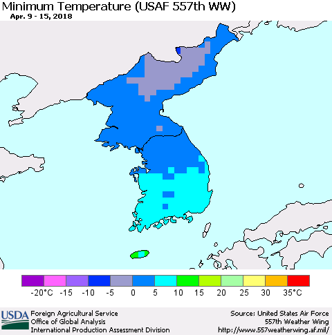 Korea Mean Minimum Temperature (USAF 557th WW) Thematic Map For 4/9/2018 - 4/15/2018