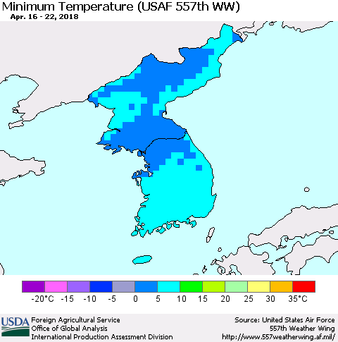 Korea Mean Minimum Temperature (USAF 557th WW) Thematic Map For 4/16/2018 - 4/22/2018