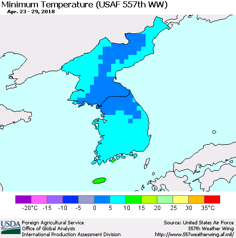 Korea Mean Minimum Temperature (USAF 557th WW) Thematic Map For 4/23/2018 - 4/29/2018