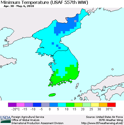 Korea Mean Minimum Temperature (USAF 557th WW) Thematic Map For 4/30/2018 - 5/6/2018