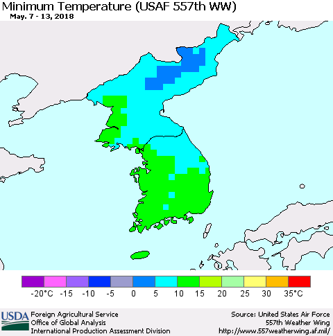 Korea Mean Minimum Temperature (USAF 557th WW) Thematic Map For 5/7/2018 - 5/13/2018