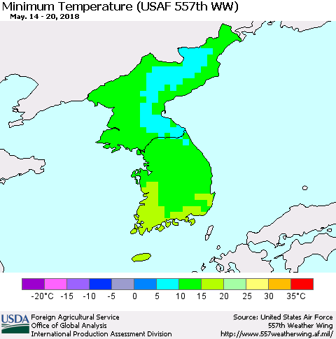 Korea Mean Minimum Temperature (USAF 557th WW) Thematic Map For 5/14/2018 - 5/20/2018