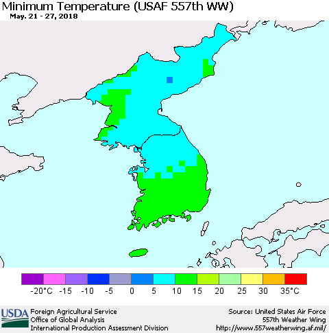 Korea Mean Minimum Temperature (USAF 557th WW) Thematic Map For 5/21/2018 - 5/27/2018