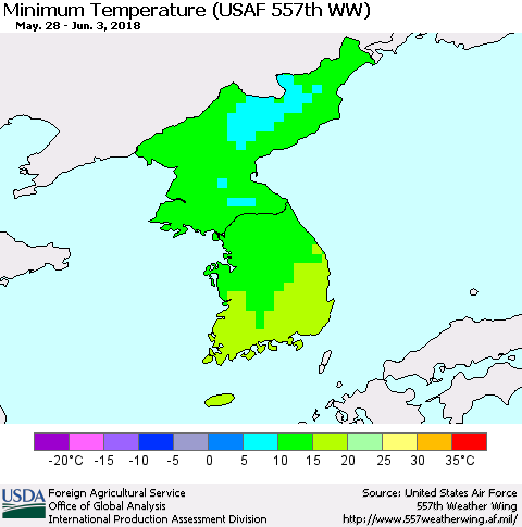 Korea Mean Minimum Temperature (USAF 557th WW) Thematic Map For 5/28/2018 - 6/3/2018