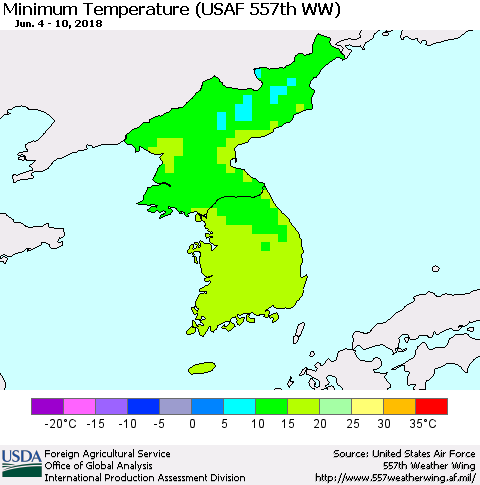Korea Mean Minimum Temperature (USAF 557th WW) Thematic Map For 6/4/2018 - 6/10/2018