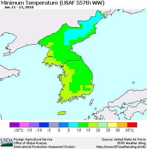 Korea Mean Minimum Temperature (USAF 557th WW) Thematic Map For 6/11/2018 - 6/17/2018