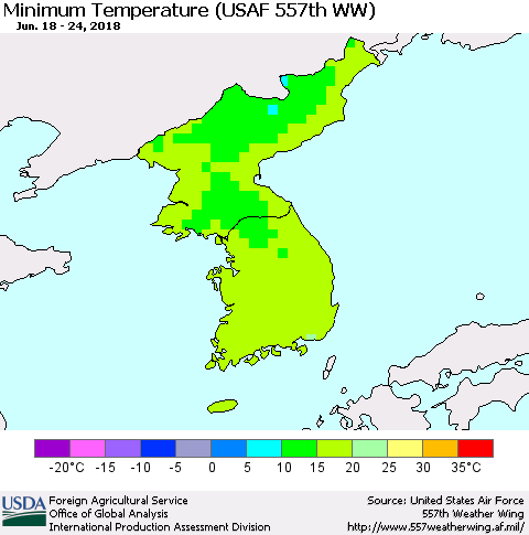 Korea Mean Minimum Temperature (USAF 557th WW) Thematic Map For 6/18/2018 - 6/24/2018