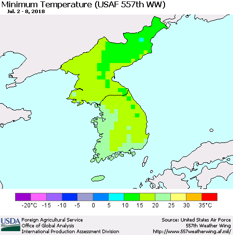 Korea Mean Minimum Temperature (USAF 557th WW) Thematic Map For 7/2/2018 - 7/8/2018