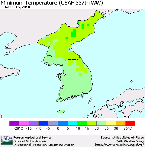 Korea Mean Minimum Temperature (USAF 557th WW) Thematic Map For 7/9/2018 - 7/15/2018