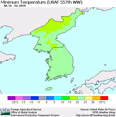 Korea Mean Minimum Temperature (USAF 557th WW) Thematic Map For 7/16/2018 - 7/22/2018