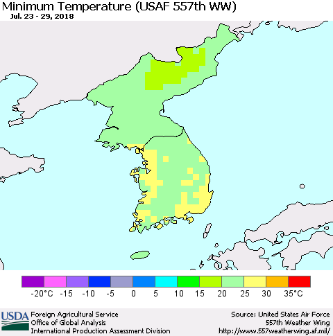 Korea Mean Minimum Temperature (USAF 557th WW) Thematic Map For 7/23/2018 - 7/29/2018