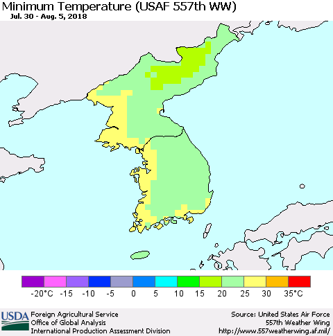 Korea Mean Minimum Temperature (USAF 557th WW) Thematic Map For 7/30/2018 - 8/5/2018