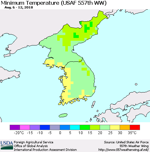 Korea Mean Minimum Temperature (USAF 557th WW) Thematic Map For 8/6/2018 - 8/12/2018