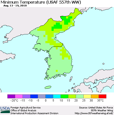 Korea Mean Minimum Temperature (USAF 557th WW) Thematic Map For 8/13/2018 - 8/19/2018