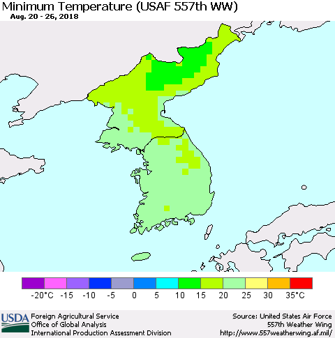 Korea Mean Minimum Temperature (USAF 557th WW) Thematic Map For 8/20/2018 - 8/26/2018