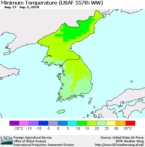 Korea Mean Minimum Temperature (USAF 557th WW) Thematic Map For 8/27/2018 - 9/2/2018