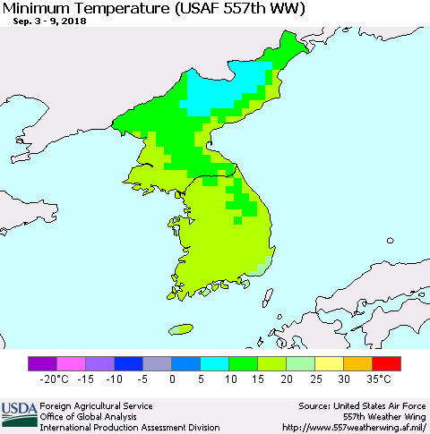 Korea Mean Minimum Temperature (USAF 557th WW) Thematic Map For 9/3/2018 - 9/9/2018