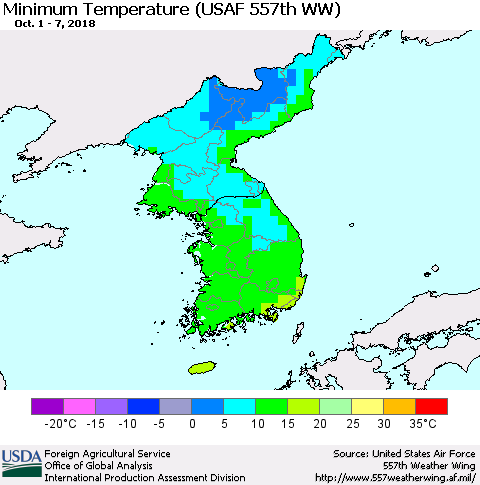 Korea Mean Minimum Temperature (USAF 557th WW) Thematic Map For 10/1/2018 - 10/7/2018
