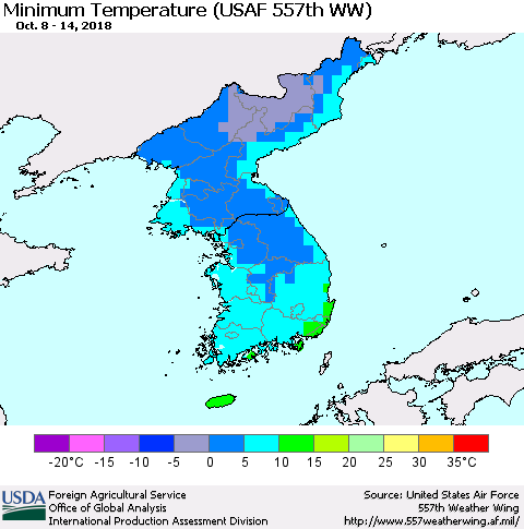 Korea Mean Minimum Temperature (USAF 557th WW) Thematic Map For 10/8/2018 - 10/14/2018