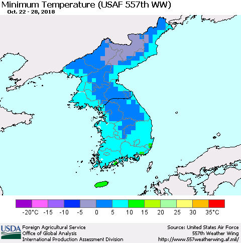 Korea Mean Minimum Temperature (USAF 557th WW) Thematic Map For 10/22/2018 - 10/28/2018