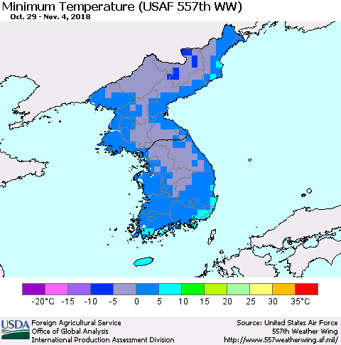 Korea Mean Minimum Temperature (USAF 557th WW) Thematic Map For 10/29/2018 - 11/4/2018