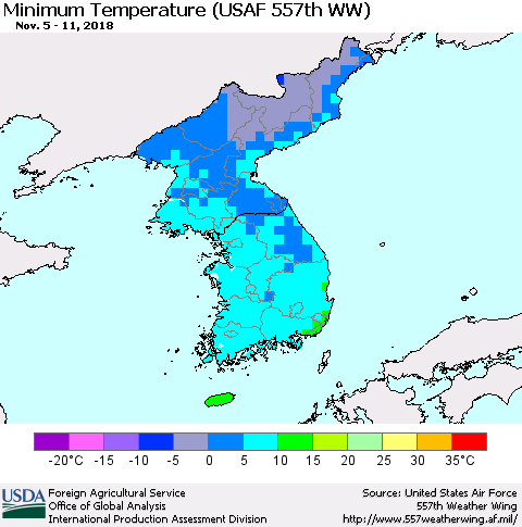 Korea Mean Minimum Temperature (USAF 557th WW) Thematic Map For 11/5/2018 - 11/11/2018