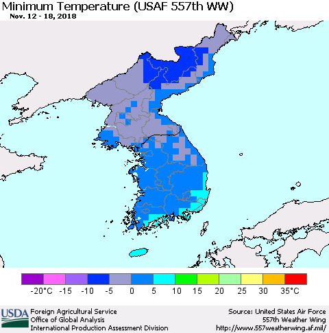 Korea Mean Minimum Temperature (USAF 557th WW) Thematic Map For 11/12/2018 - 11/18/2018
