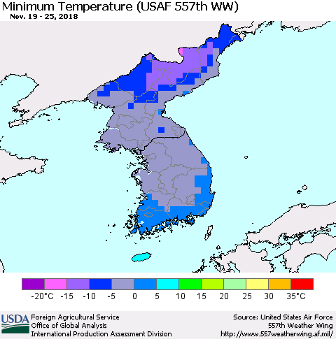 Korea Mean Minimum Temperature (USAF 557th WW) Thematic Map For 11/19/2018 - 11/25/2018