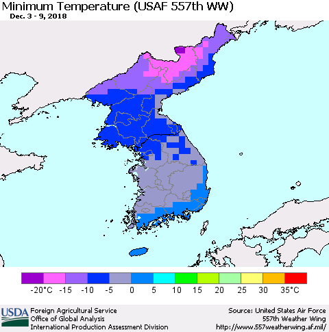 Korea Mean Minimum Temperature (USAF 557th WW) Thematic Map For 12/3/2018 - 12/9/2018