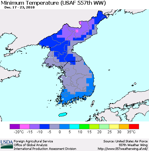 Korea Mean Minimum Temperature (USAF 557th WW) Thematic Map For 12/17/2018 - 12/23/2018