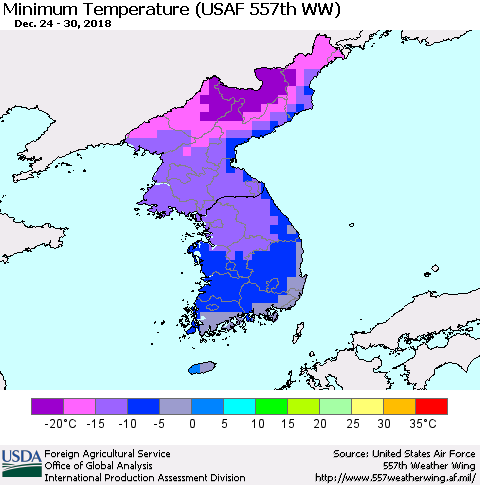Korea Mean Minimum Temperature (USAF 557th WW) Thematic Map For 12/24/2018 - 12/30/2018