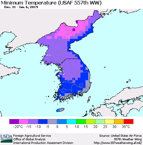 Korea Mean Minimum Temperature (USAF 557th WW) Thematic Map For 12/31/2018 - 1/6/2019