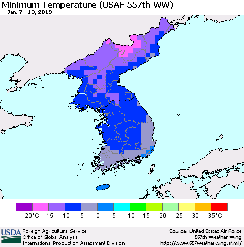 Korea Mean Minimum Temperature (USAF 557th WW) Thematic Map For 1/7/2019 - 1/13/2019