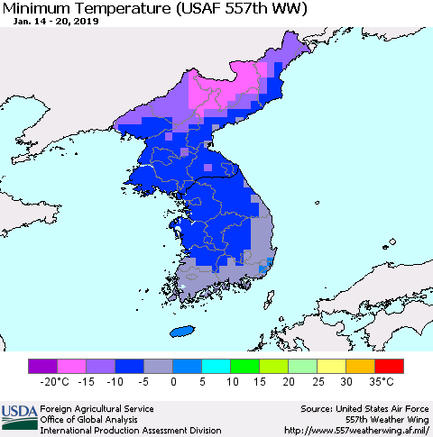 Korea Mean Minimum Temperature (USAF 557th WW) Thematic Map For 1/14/2019 - 1/20/2019