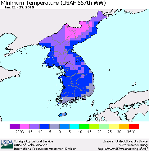 Korea Mean Minimum Temperature (USAF 557th WW) Thematic Map For 1/21/2019 - 1/27/2019