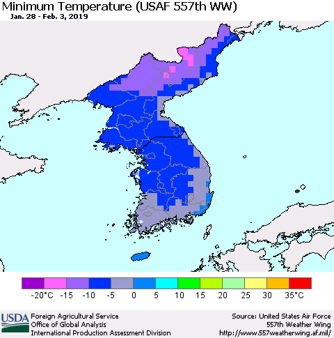 Korea Mean Minimum Temperature (USAF 557th WW) Thematic Map For 1/28/2019 - 2/3/2019