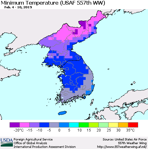 Korea Mean Minimum Temperature (USAF 557th WW) Thematic Map For 2/4/2019 - 2/10/2019