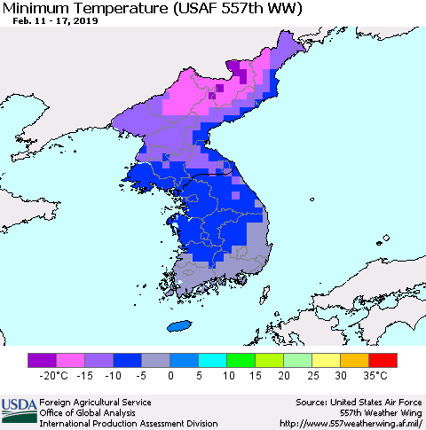 Korea Mean Minimum Temperature (USAF 557th WW) Thematic Map For 2/11/2019 - 2/17/2019