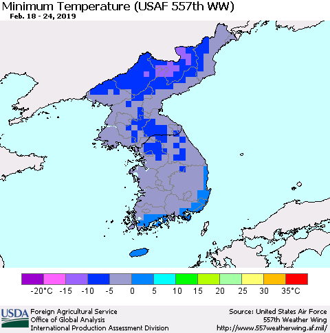 Korea Mean Minimum Temperature (USAF 557th WW) Thematic Map For 2/18/2019 - 2/24/2019