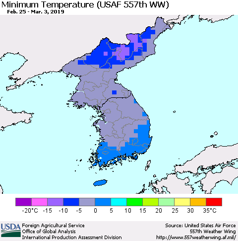 Korea Mean Minimum Temperature (USAF 557th WW) Thematic Map For 2/25/2019 - 3/3/2019
