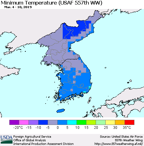 Korea Mean Minimum Temperature (USAF 557th WW) Thematic Map For 3/4/2019 - 3/10/2019