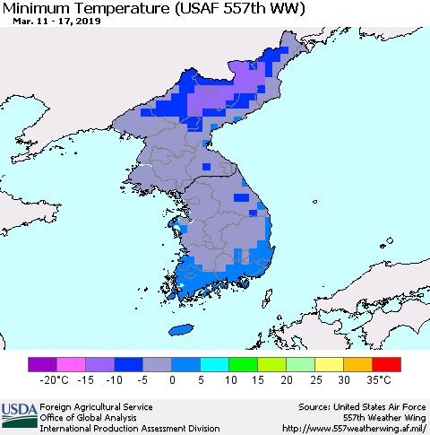 Korea Mean Minimum Temperature (USAF 557th WW) Thematic Map For 3/11/2019 - 3/17/2019
