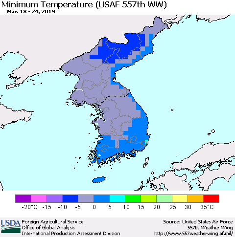 Korea Mean Minimum Temperature (USAF 557th WW) Thematic Map For 3/18/2019 - 3/24/2019