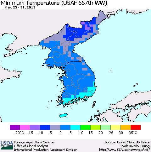 Korea Mean Minimum Temperature (USAF 557th WW) Thematic Map For 3/25/2019 - 3/31/2019